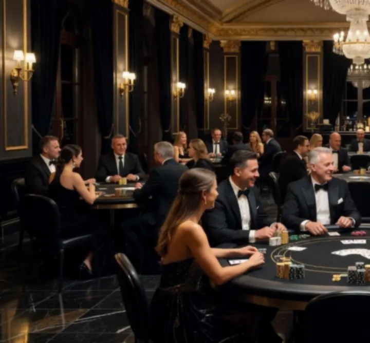 Luxusní casino večer s pokerovými stoly a hosty v elegantním prostředí