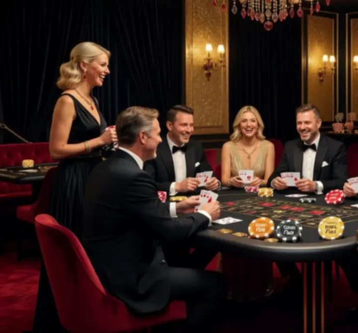 Elegantní český casino night event s ruletou, pokerovými stoly a hosty v společenském oblečení