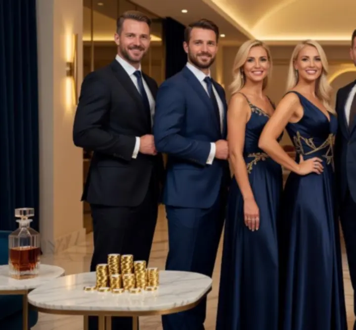 Tým Event Flow Group v elegantním formálním oblečení pro luxusní casino night a firemní akce