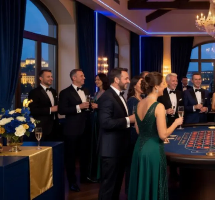 Luxusní firemní casino night s hosty v gala a ruletovým stolem