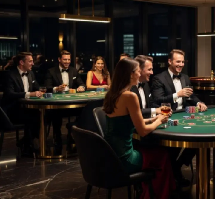 Luxusní kasino večer s pokerovými stoly a hosty v gala oblečení