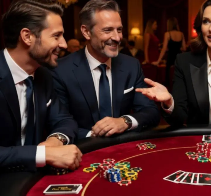 Pokerový stůl s žetony a hosty během casino night
